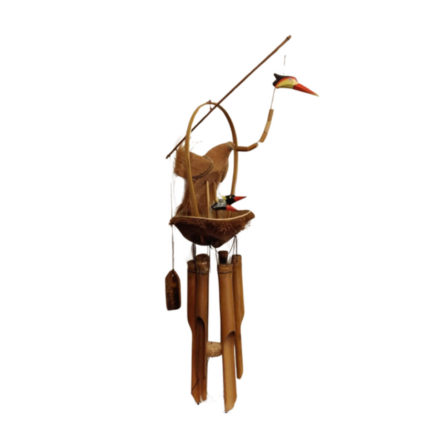 Bamboe windgong met kraanvogel met twee jongen